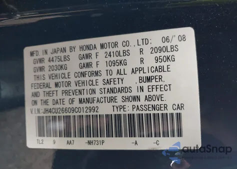 2009 Acura Tsx из США, поврежденный, VIN JH4CU26609C012992